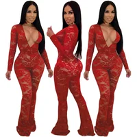 

Perspective lace jumpsuit women rompers mature women sexy clubwear red jumpsuit