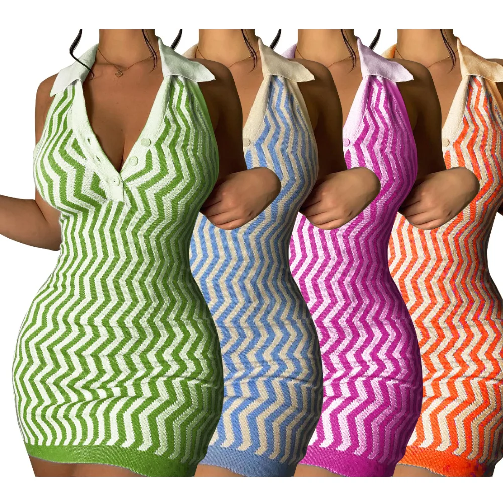 

2022 New Design Button Down V neck Sleeveless Short Dress Women Clothing 2022 Summer Bodycon Knit Dress, Picture shown