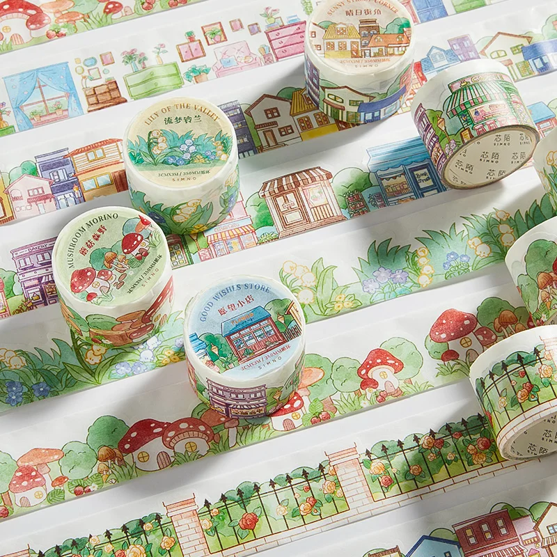 

6 designs 1 pcs / set washi tape cartoon plant town house landscaping stickers decoration tape for DIY Kraft scrapbook JIUMO