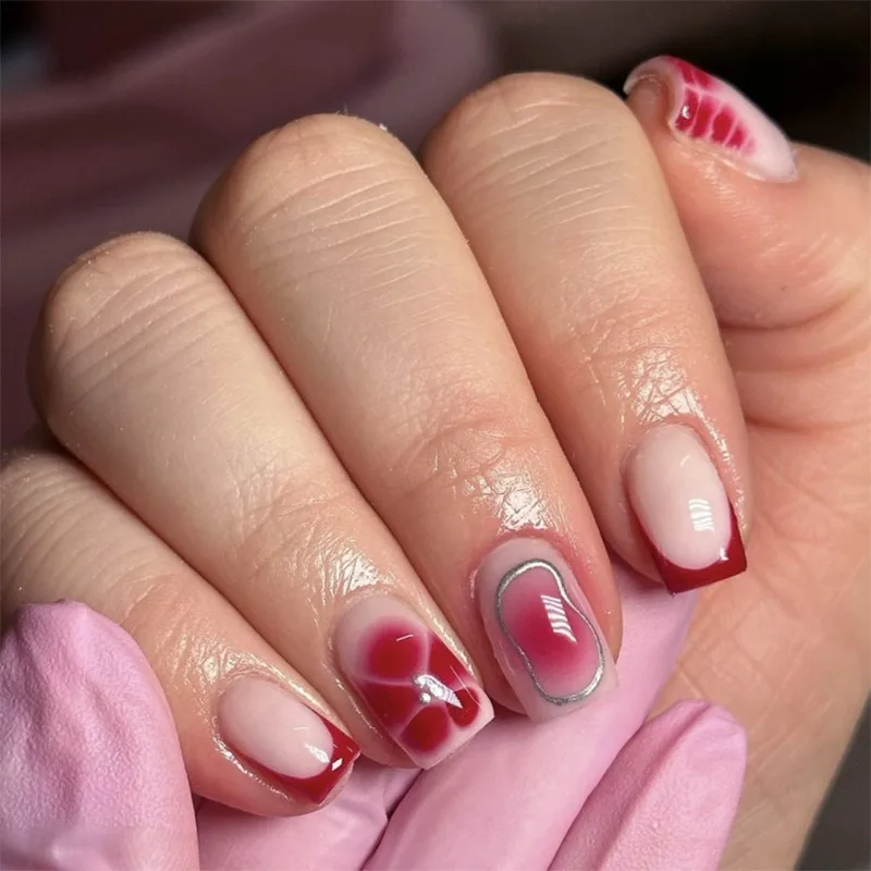 Wholesale 3836 French Red Flower Petal Short Square Nails False Nails Press on Nails Artificial Fingernails Customize