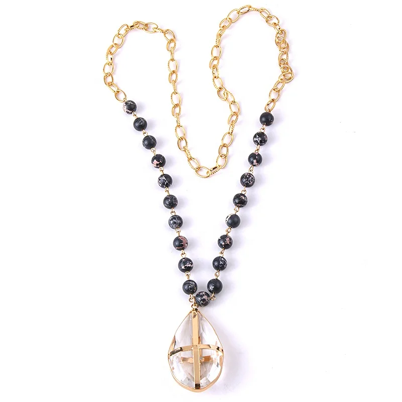 

Fashion Women Natural Stone Metal Chain Necklace Black Gun Gold Crystal Glass Turquoise Water Drop Cross Pendant Necklace