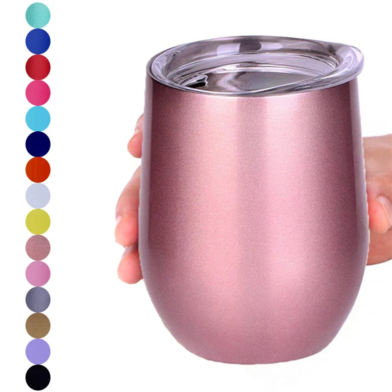 

Rose Gold 12oz 12 oz Egg Shaped Stemless Reusable Vacuum Insulated Double Wall Stainless Steel Coffee Cup Wine Tumbler With lid, Stock or customized color