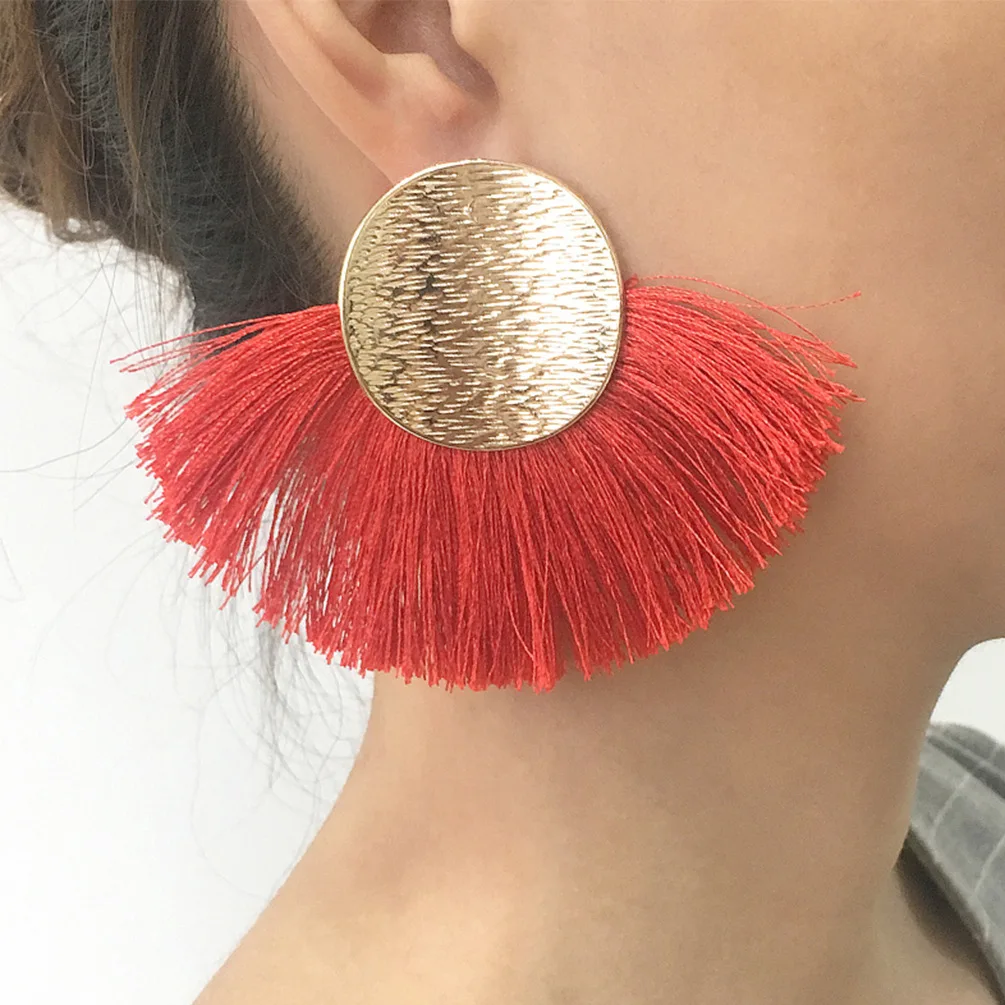 

Creative style bohemian fan tassel earrings Round alloy tassel earrings