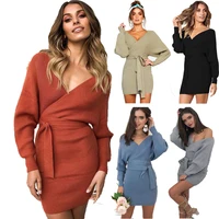 

Clothing factory wholesale women knitted miniskirts sexy dress long sleeve vintage v-neck ladies sweater dresses