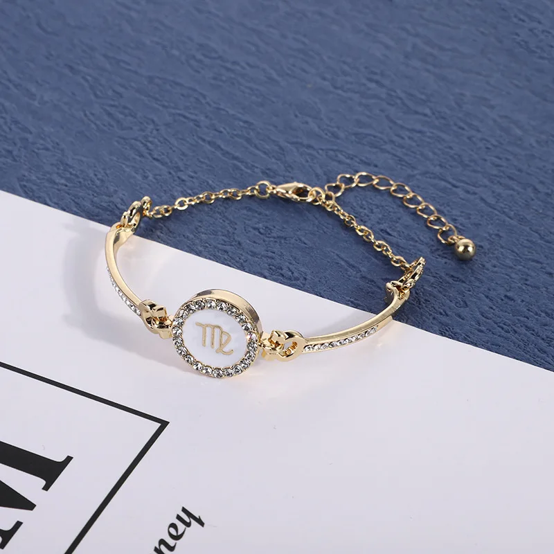 

12 Zodiac Signs Fashion Diamond Bracelet Women Simple Elegant Women Gold Plated Jewelry Cuff Bracelet Jewelry, Gold/silver