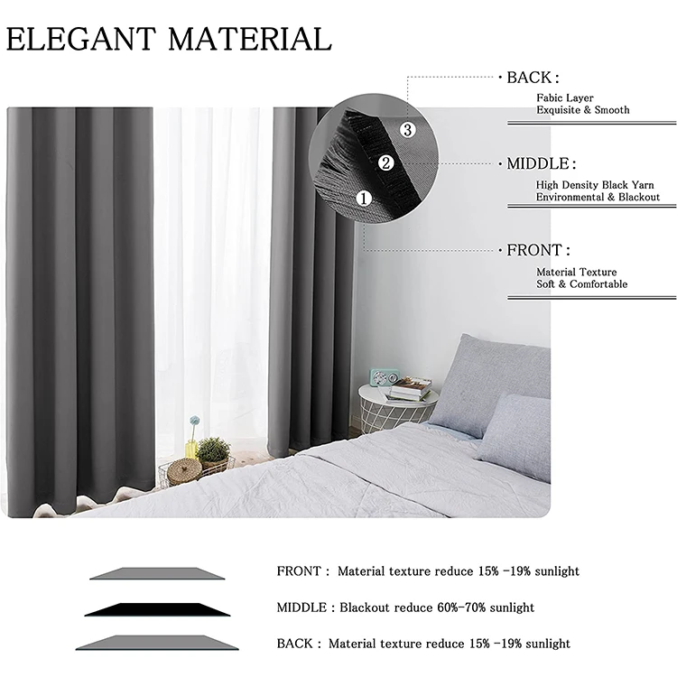 Ready Made Window Curtains Blackout Triple Weaving 100% Polyester Solid Blackout Curtains for Living Room