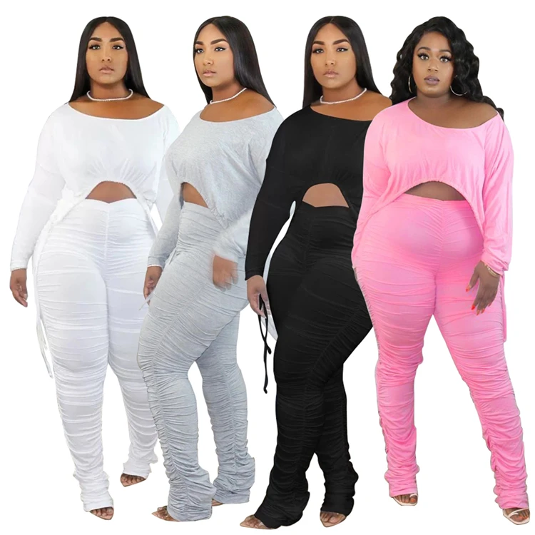 

2021 Ladies Outfits Long Sleeve Stacked Pants 5XL Plus Size Fall Women Clothes Two Piece Set, Picture shown