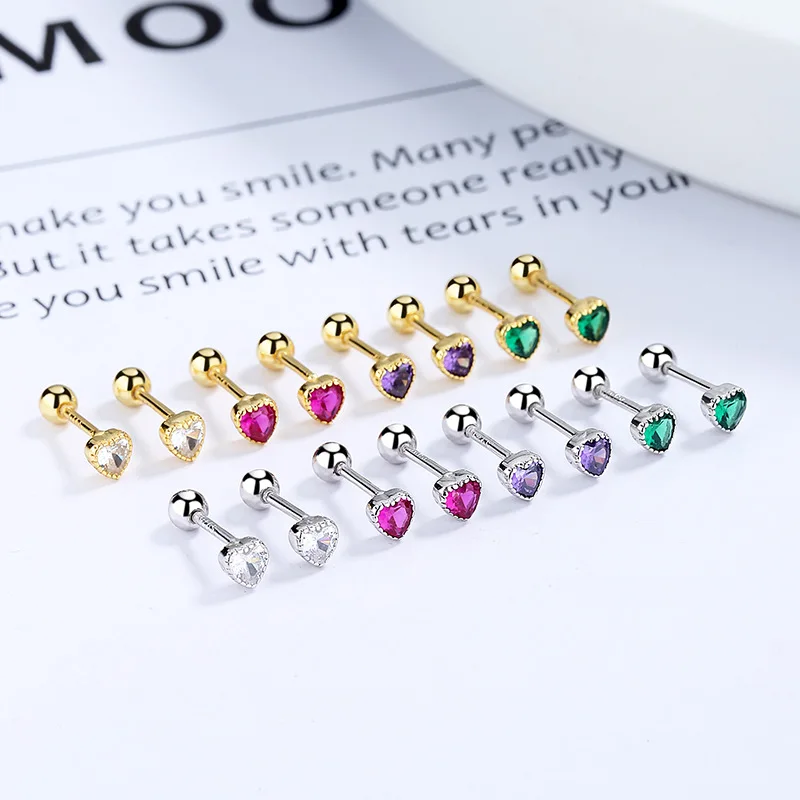 

AliExpress Hot Selling 925 Sterling Silver Heart Shaped Colorful Zircon Stud Earrings Thai Silver Piercing Earrings, Picture