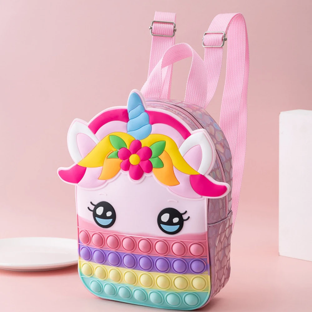 

big rainbow silicone pop-on-it popping fidget book bags push bubbles unicorn pop school bag backpack for toddler