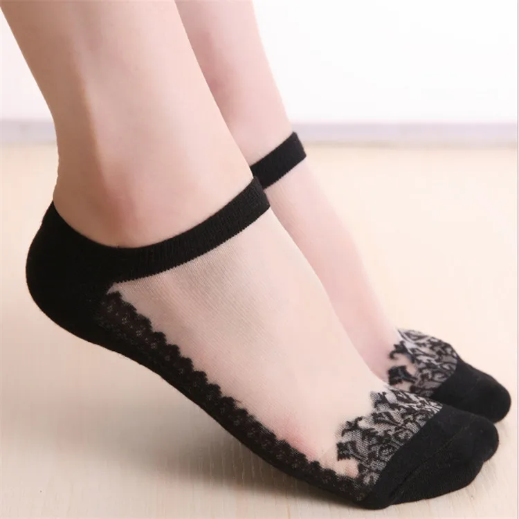 

Wholesale Fashion Sring Summer Girl Lace Socks Cute Crystal Silk Ankle Socks Women Transparent Socks