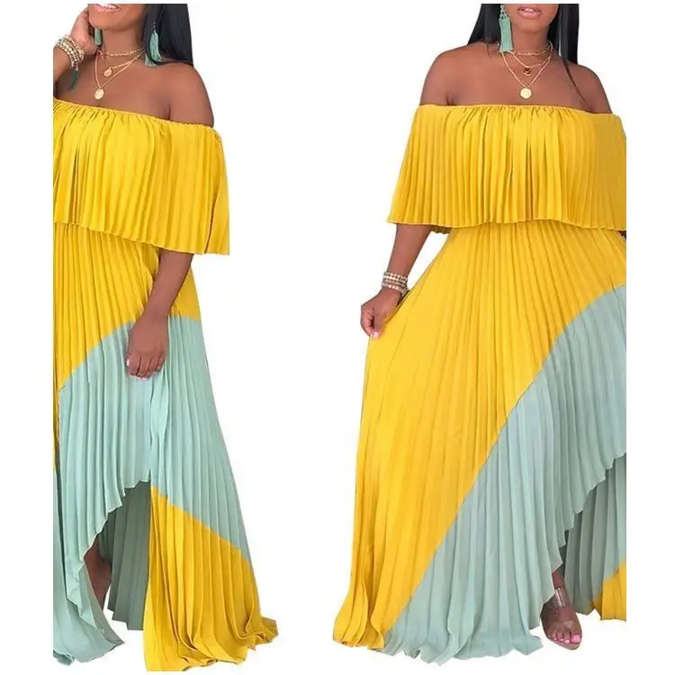 

2019 Wholesale Apparel Off Shoulder Contrast Pleated Maxi Kaftan Plus Dress