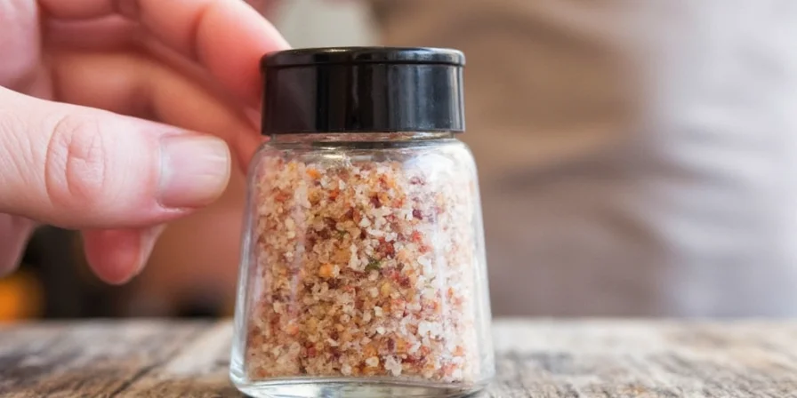 Seasoned Salt Bottle on a Wooden Table
