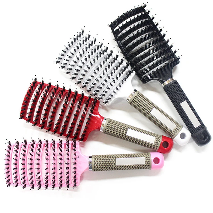 Curly Wig Brush Curved, Plastic Rubber Vent Detangling Wet Paddle Boar Bristle Hair Brush/