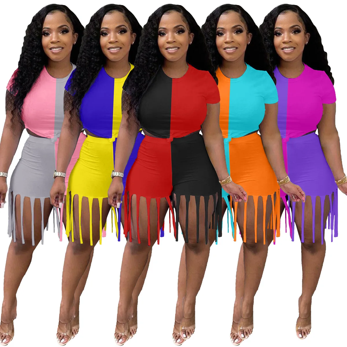 

Two Piece Set Contrast Color Tracksuit Short Sleeve Crop Top +Tassel Shorts Outfits 2021 Summer Casual Matching Sets Women, Black red , pink gray , purple rose, orange light blue, yellow blue