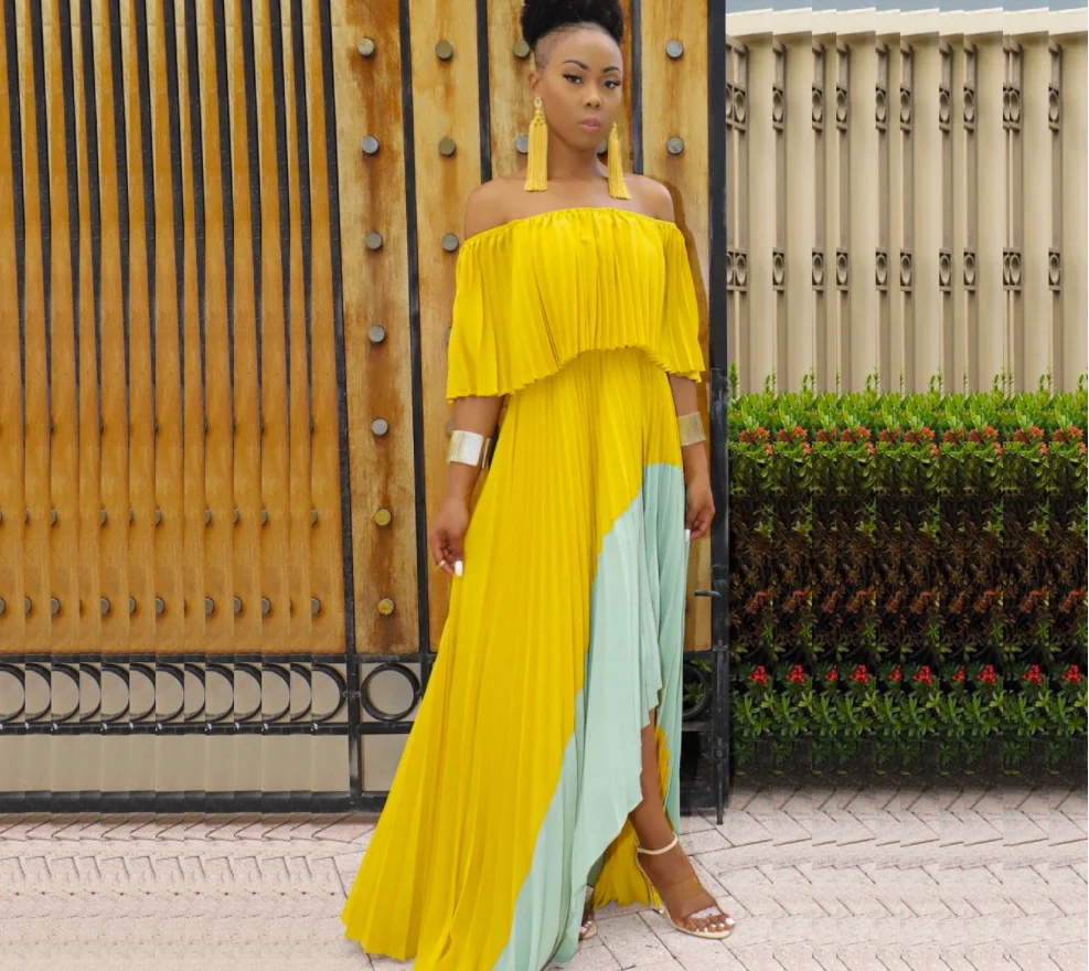 

Sexy off shoulder strapless pleated casual women long maxi dresses