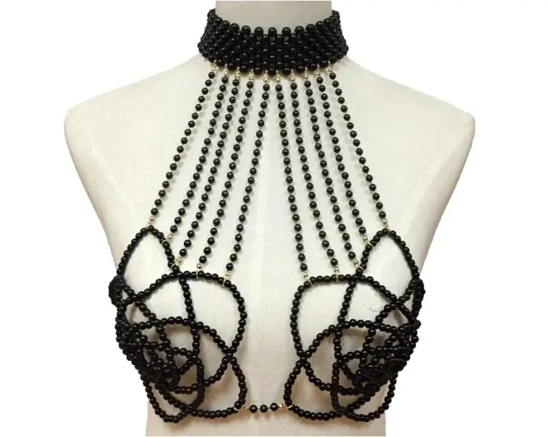 

Hot sale fashion lady elegant luxury handmade pearl bra chain body chain jewelry, Black and white