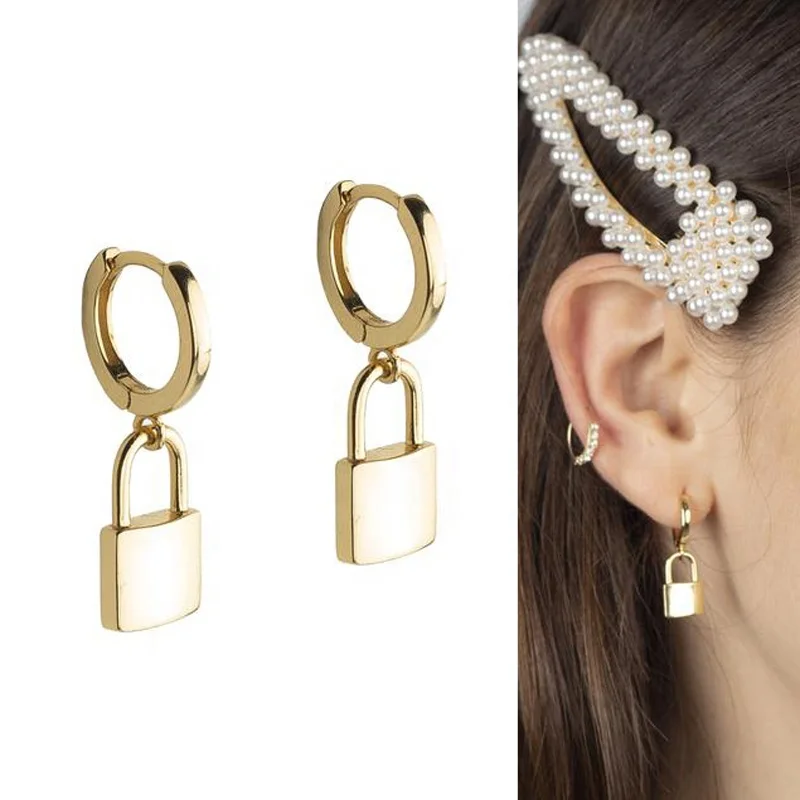 gold plated simple geometric jewelry cute plain lock charm hoop earring