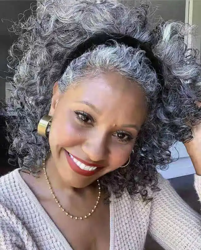 

Grey hair piece short afro kinky curly ponytail silver grey human hair ponytail with drawstring clip in gray hair extension 120g