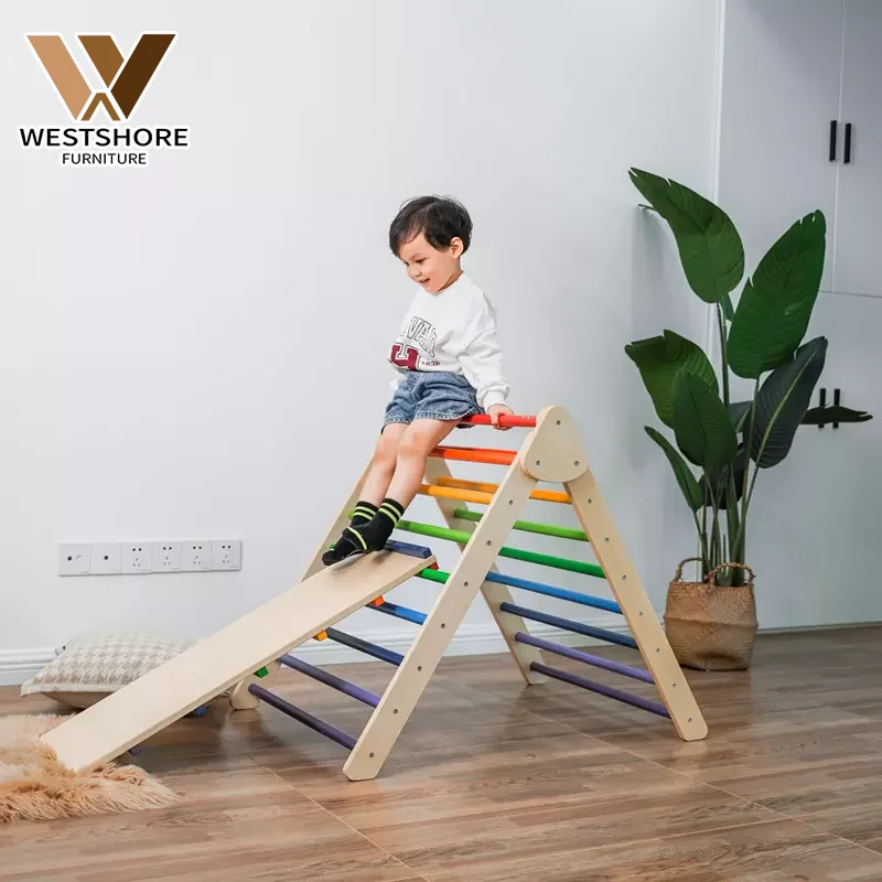 

Indoor Playground Wood Rainbow Pickler Triangle Kid Climbing Triangle With Ramp Slides Toys Climber Frame With Ramp Set