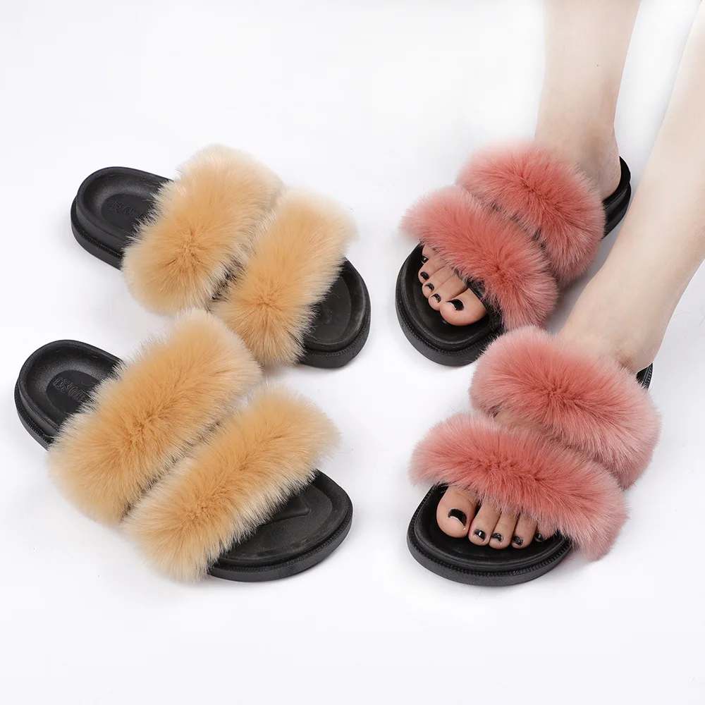 

Korean Style Multi Colors Faux Fox Fur Slippers Non Slip Plush Leopard Printed Slides Shoes Women Flat Beach Sandals