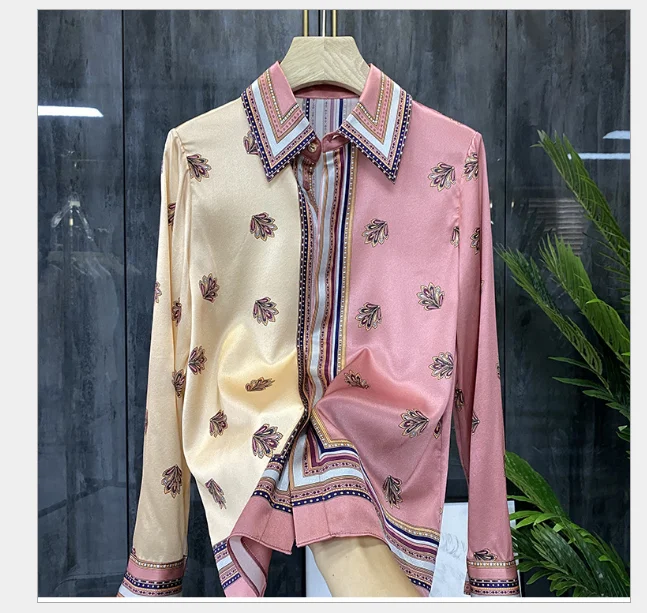 

2021 Satin thick silk blouse long sleeves silk new 2021 fashion foreign style high end print blouse, Yello/white/red/ customzied