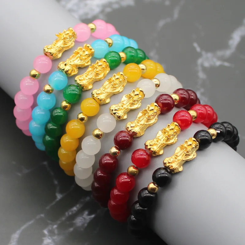 

Colorful Glass Beads Jade Pi Yao Dragon Wealth Health Bracelet 18k Gold Plated Pi Xiu Feng Shui Bracelets Bilezik