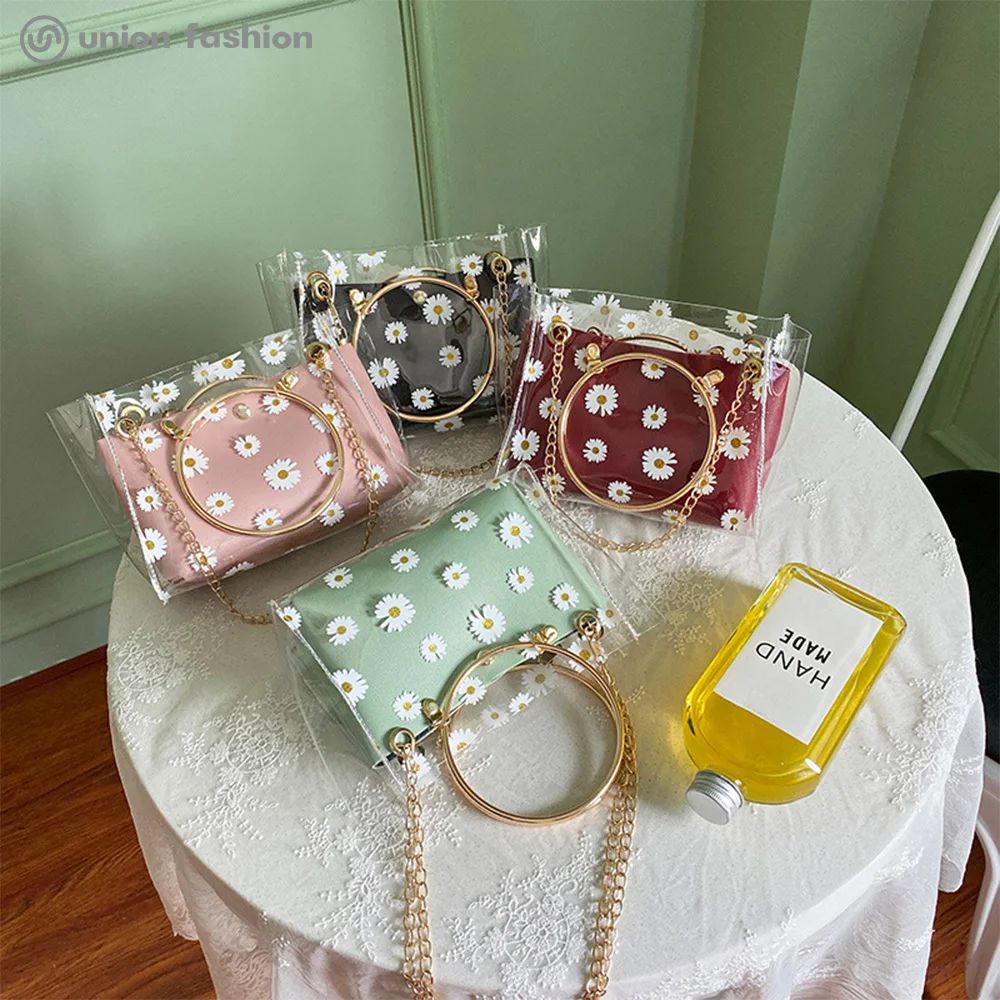 

Summer Fashionable Women Clear PVC Daisy Print Chain Shoulder Crossbody Bags Handbags With Circle Metal Handle, Black/red/green/pink