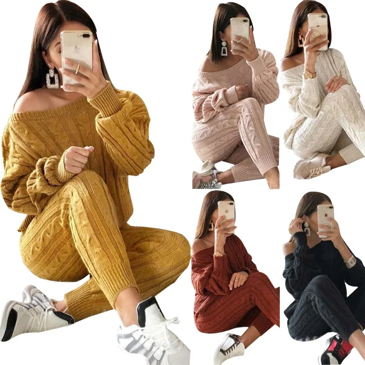 

Fashion Multi-color Fall Winter Clothing Knit Two Piece Set Women Plus Size Sweaters, Multiple colors to choose