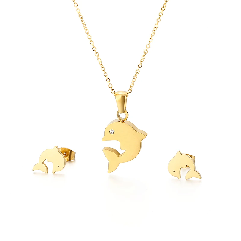 

2020 High Quality Stainless Steel Whale Pendant Animal Necklace Earring Set, Gold,sliver