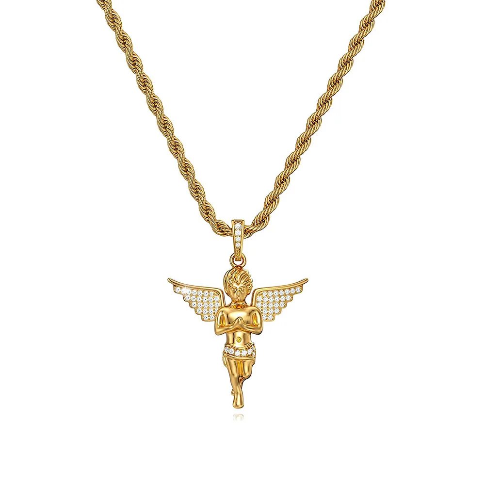 

14K Gold 3A Cubic Zirconia Bling Jesus Piece Angel Charm Chain Necklace Hip HOP Jewelry Praying Angel Hands Pendant Necklace