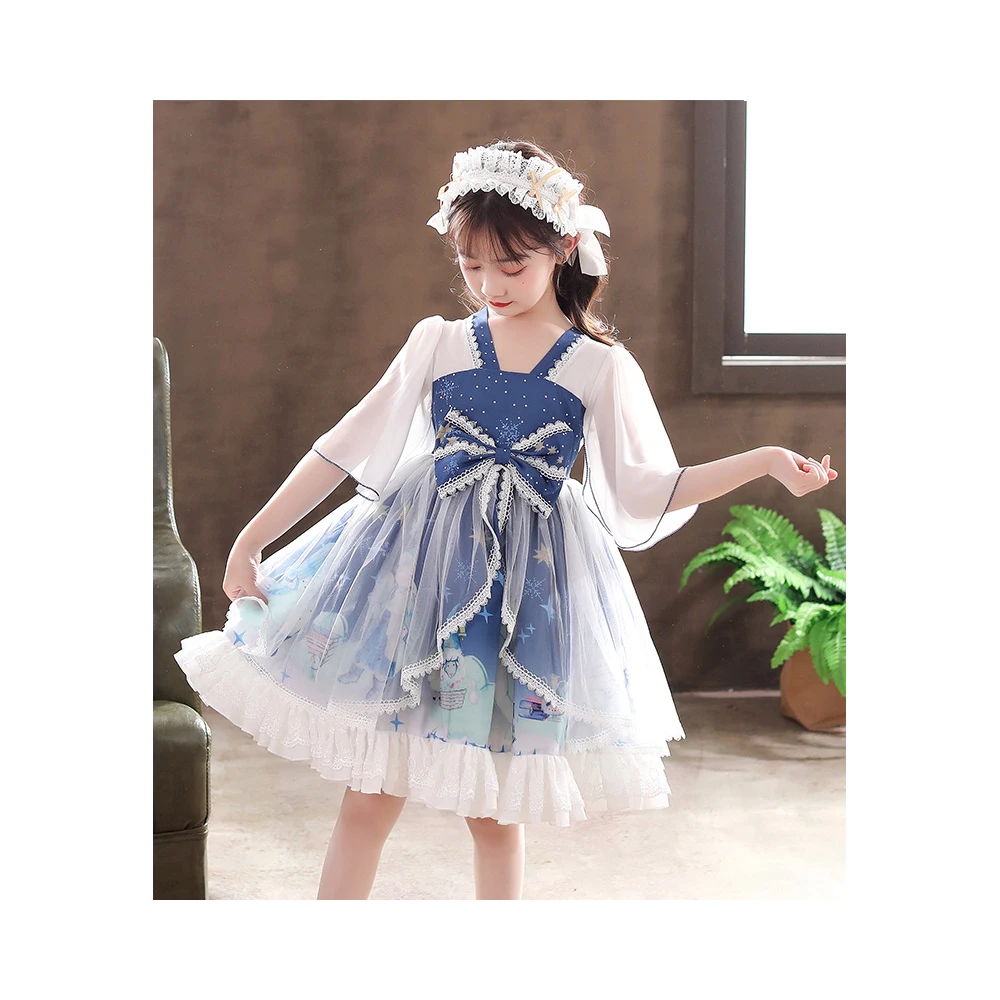 

Elegant New luxury Kids frocks lolita girls dresses ribbon lace bowknot Princess maid outfit dress girl frill for Summer, As shown