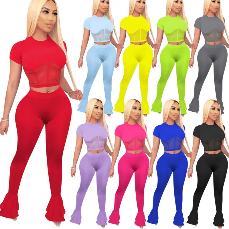 

FS2715A 7 Color s Women Two Pieces Tops Flare Pants Ladies Bell Bottom Trousers