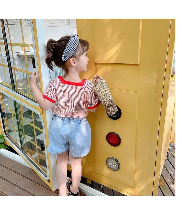 

Striped cherry T-shirt plus denim lace-up shorts popular European girl clothes for summer wholesale