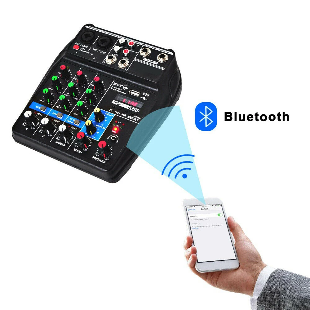 

4 Channel USB Audio Mixer Mixing Console with BT Record 48V Phantom Power