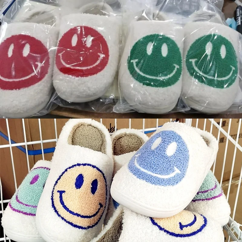 

1MMX57-3 10 Colors Smiley Face Slides Winter Home Plush Slippers Best Price Suka, As picture or custom