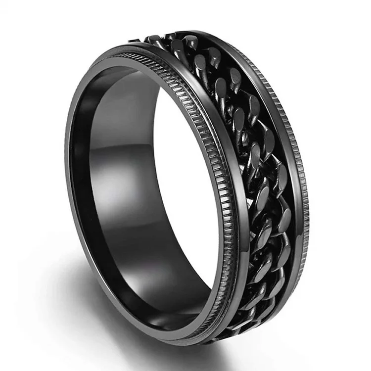 

Rings for Men Band Titanium Stainless Steel Center Cuban Chain Spinner Ring Black and Silver