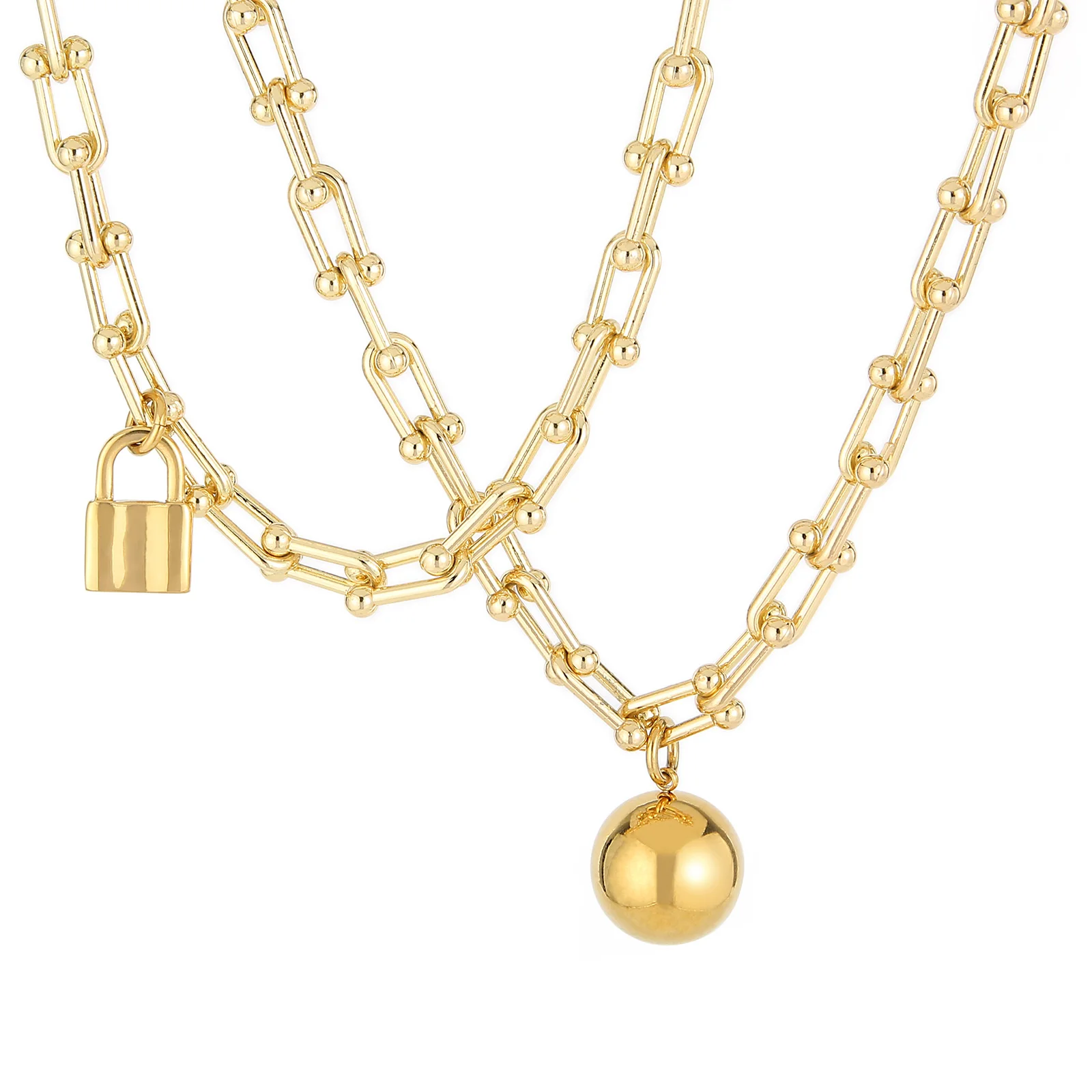 

Personality Double Link Chain Bead Lock Pendant Gold Alloy Necklace Women Stainless Steel Silver Jewelry Necklaces