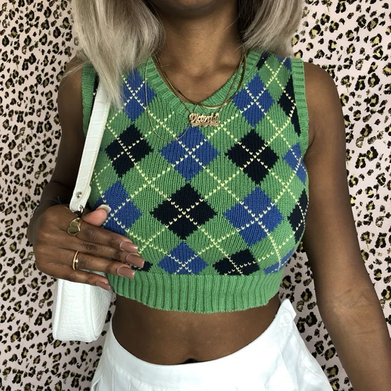 

V Neck Vintage Argyle Sweater Vest Women Black Sleeveless Plaid Knitted Crop Sweaters, Customized color