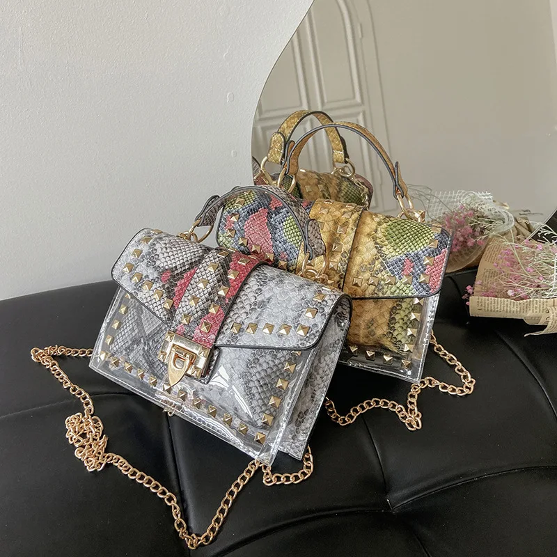 

2021 New Style famous brands Designer handbag women luxury letter snake print transparent mini jelly purse and handbags for lady, Black/white/grey/red/blue/multicolor