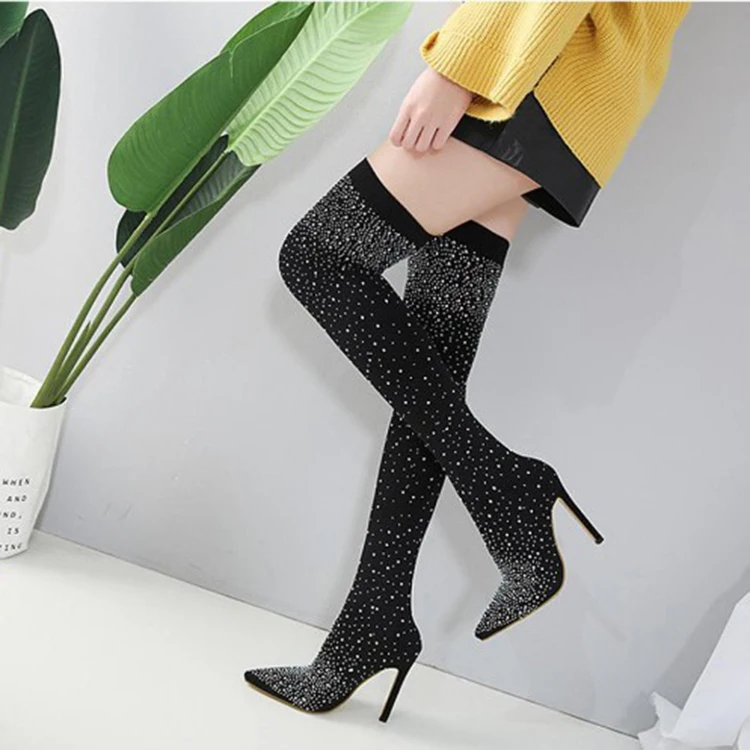 

Size 43 hot sale pointed toe super high heel ladies fly knitting stretch with sparkles over-the knee winter boots