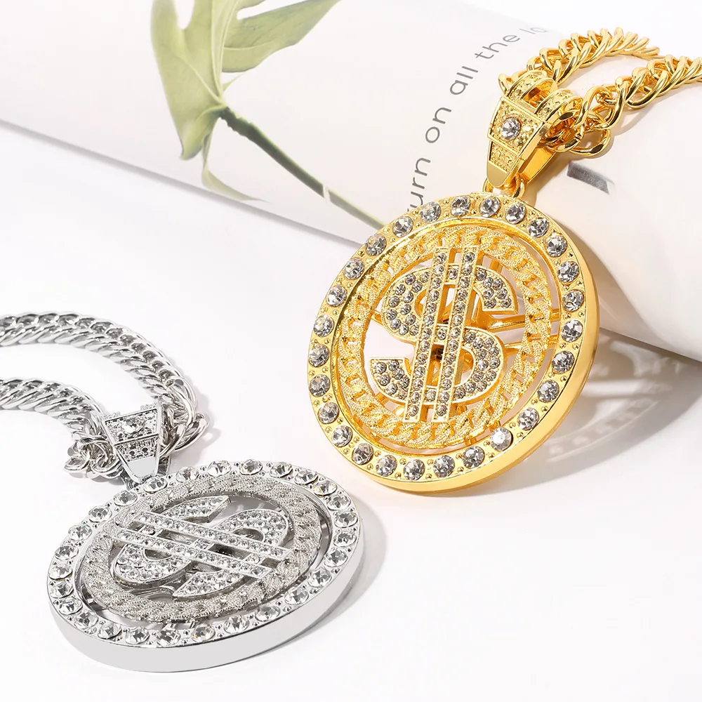 

360 Degree Rotation Dollar Pendant Diamond Gold Coin Rotation Cuban Pendant Necklace Jewelry, Gold color
