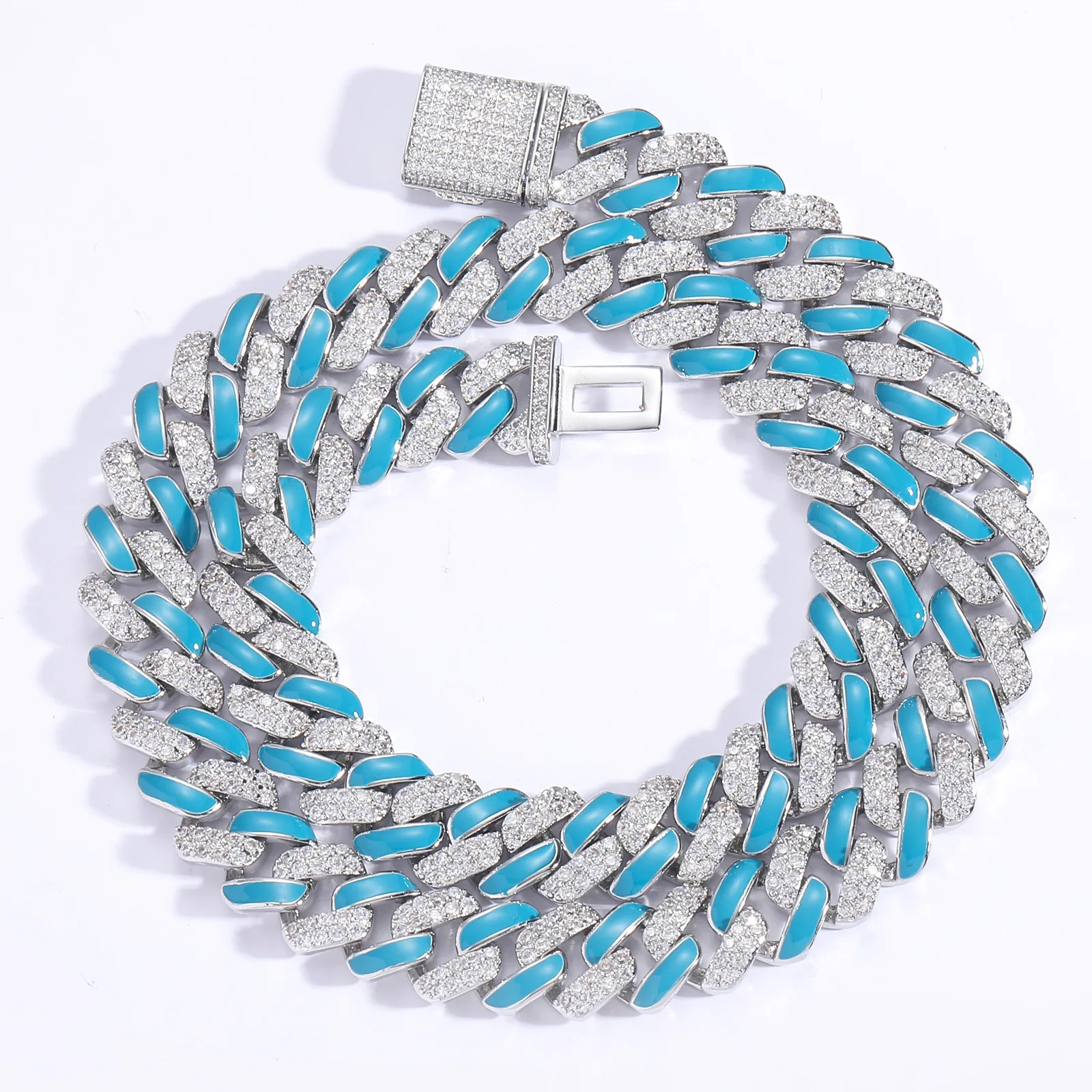 

18K Gold Tone Blue Enamel Miami Cuban Link Box Lock Choker Chain