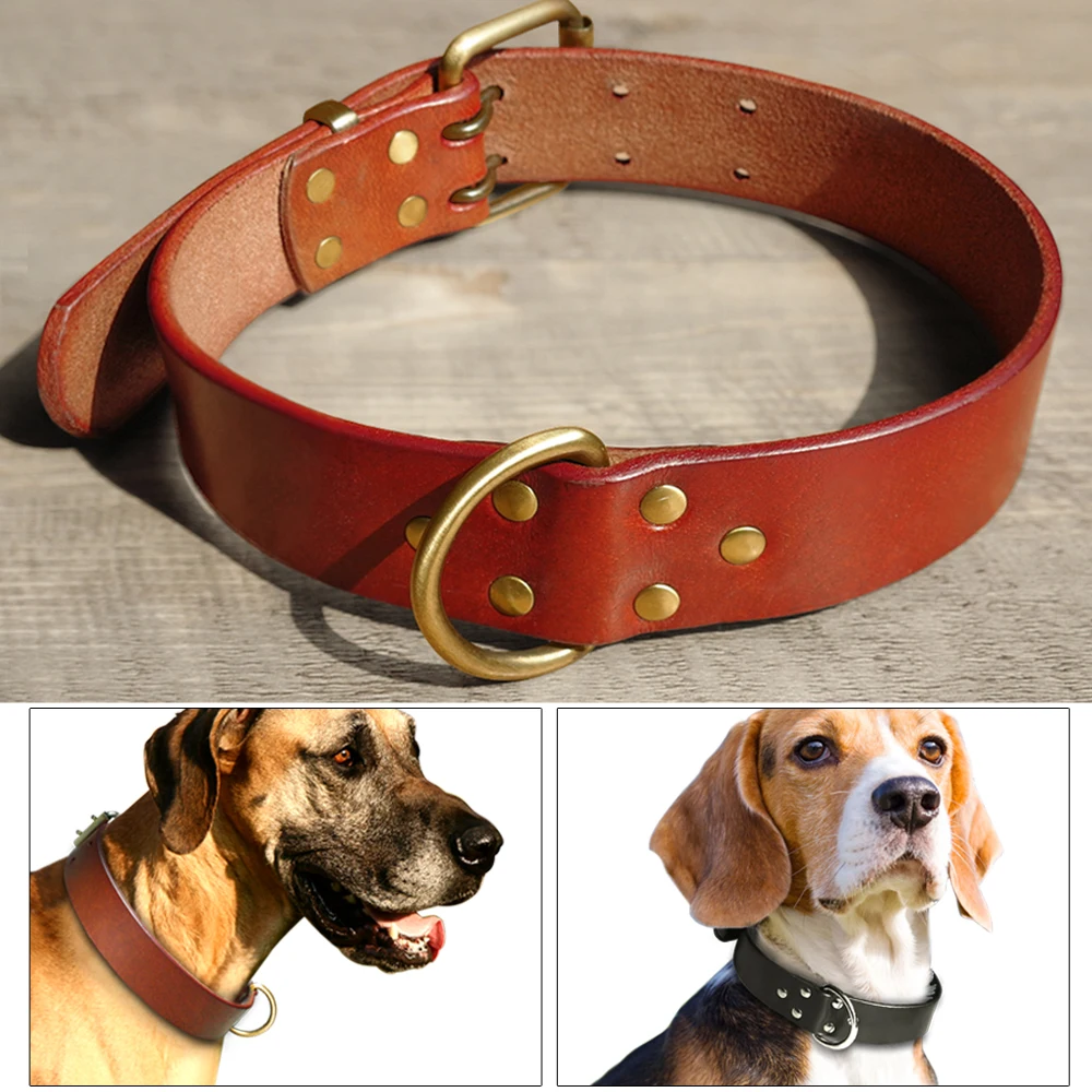 

Genuine Leather Dog Collars with Durable D ring & Gold Buckle Black Brown S M L XL
