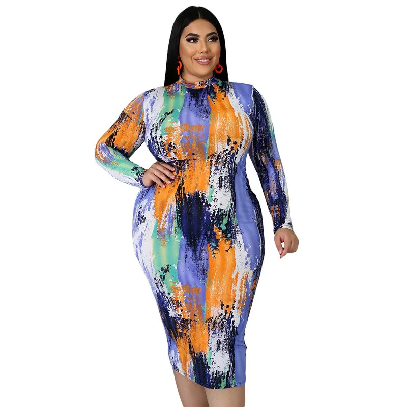 

Maxi club office clothing printed tight fitting buttocks zipper front and back wear tye die bodycon 3xl plus size bodycon dress