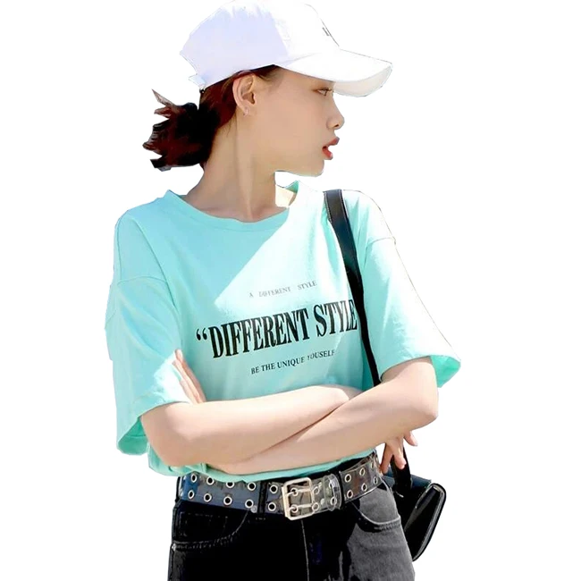 

Oversize Young Women Casual Style Slogan Design T-Shirt With Small Round Collar Organic Cotton