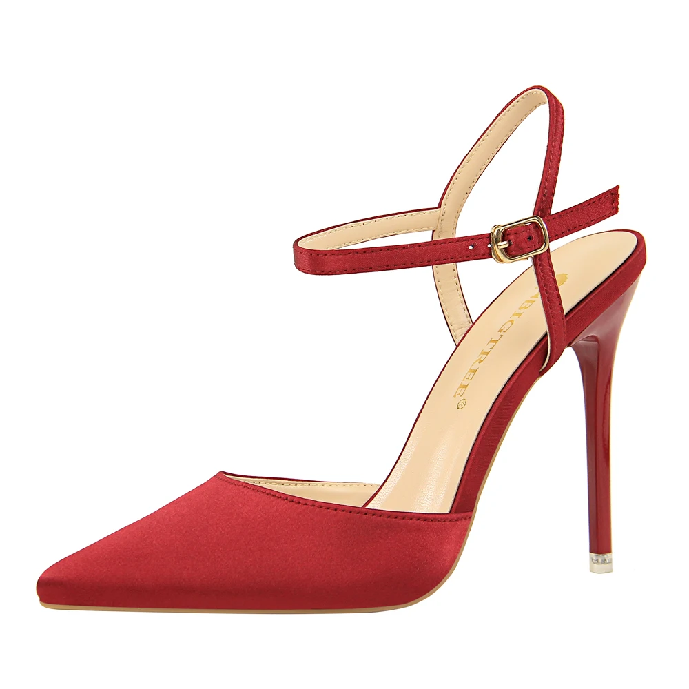 

86-2 European and American simple women's shoes with high-heeled satin shallow mouth pointed sexy nightclub slim sandals