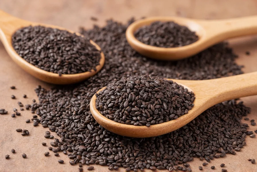 Close-up of black cumin seeds in a wooden spoon with measuring spoons showing proper dosage amounts