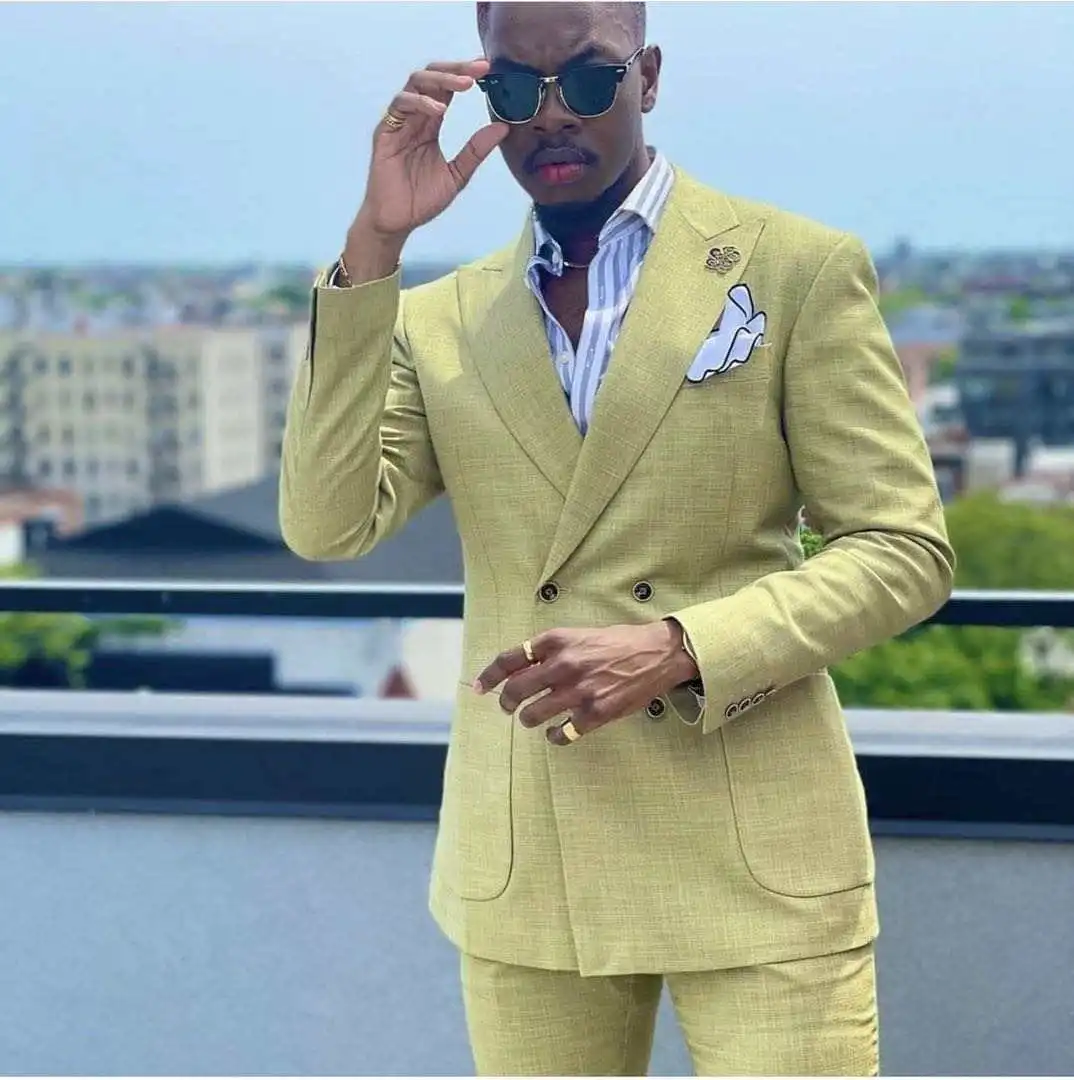 Hot Sale Linen Tuxedo Suits for Men Double Breasted Tailored Made Wedding Suits Set Prom Party Blazer (Jacket+Pants)