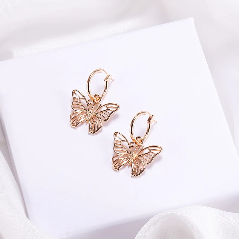

HOVANCI Hot sale Design Trendy Hollow out Butterfly Pendant Hoop Earrings Delicate 18K Gold plated Butterfly Drop Earrings, Green
