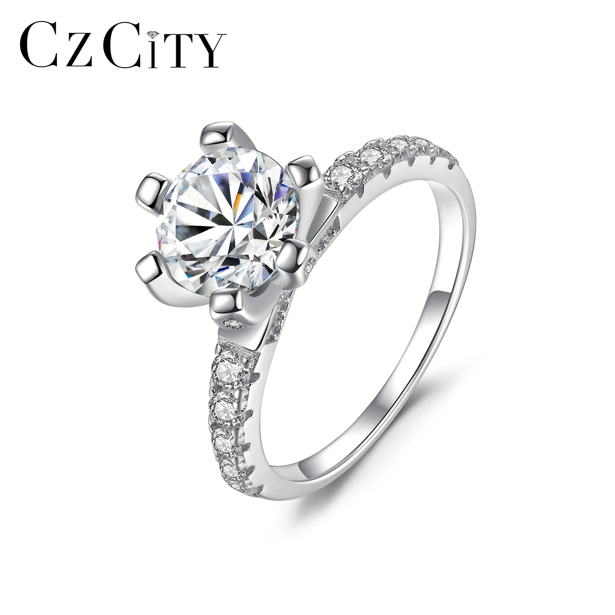 

CZCITY Eternity Promise Silver 925 Sterling Bling Real Diamond Finger Girl Weeding Moissanite Engagement Ring